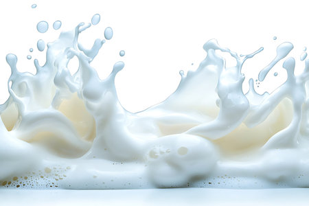 A striking and vibrant image of milk splashing against a white background. The dynamic motion captures the essence of freshness and purity, perfect for food-related themes.の写真素材