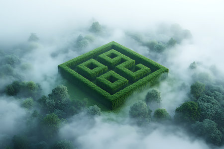 A captivating aerial view of a lush green maze nestled within a misty forest, creating a mysterious and tranquil atmosphere for nature lovers.の写真素材