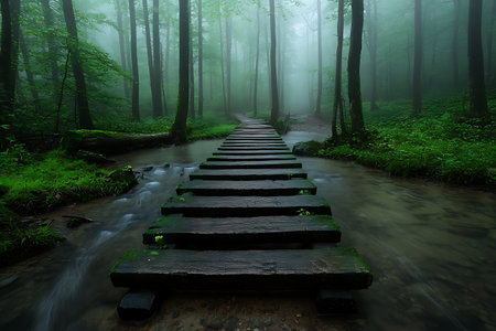 A serene scene of a misty forest pathway featuring wooden planks that bridge a gentle stream, surrounded by lush greenery. Perfect for nature lovers.の写真素材