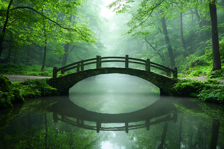 A tranquil scene featuring a charming bridge over calm waters, surrounded by vibrant green trees and soft mist, creating a peaceful atmosphere in nature.の写真素材