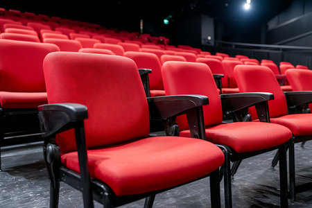 A modern auditorium featuring rows of empty red seats, ready for upcoming theater performances or events. The vibrant colors and clean lines create an inviting atmosphere for audiences to enjoy.の写真素材