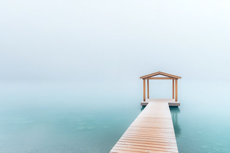A serene wooden dock stretches gracefully into misty waters, enveloped in a calm ambiance. The soft gray sky enhances the tranquil atmosphere, inviting reflection.の写真素材