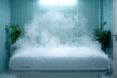 Discover a serene bedroom scene featuring a misty ambiance, green plants, and modern design elements that evoke tranquility, inviting relaxation and wellness.の写真素材