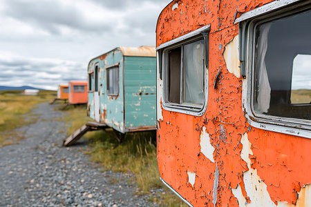 Explore a captivating landscape featuring abandoned vintage trailers with weathered paint, set in a...