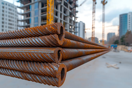 Close-up view of rusty steel rebars stacked at a construction site, showcasing urban architecture...