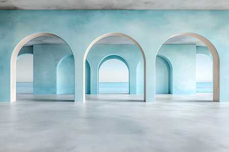 A tranquil interior space featuring soft blue walls and graceful archways, with a stunning view of the calm ocean. This serene composition evokes relaxation and harmony.の写真素材