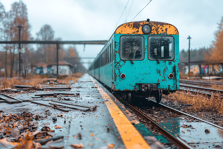 A vintage train sits abandoned at a station under an overcast sky, surrounded by rust and rain-soaked platforms, creating a nostalgic and atmospheric scene.の写真素材