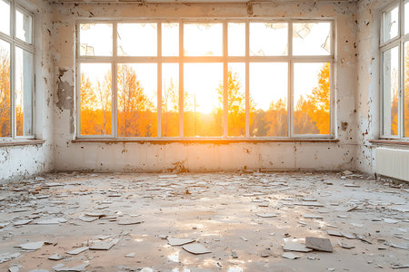 A stunning view of an abandoned room showcasing broken windows and a sunset illuminating the dusty floor, creating an eerie yet peaceful atmosphere.の写真素材