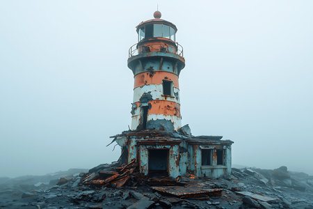 An abandoned lighthouse stands alone on a foggy rocky shore, showcasing a weathered structure filled with mystery and history. The atmosphere evokes solitude.の写真素材