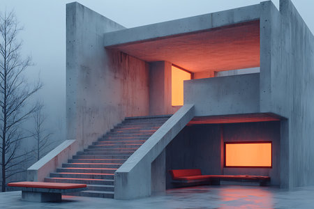 A striking modern minimalist architecture piece showcasing a concrete structure with warm orange lighting in a foggy landscape, emphasizing tranquility and beauty.の写真素材