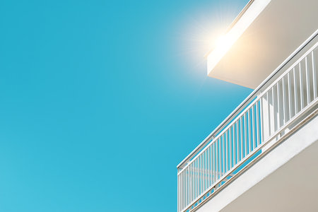 This image captures a modern balcony reflecting bright sunlight against a clear blue sky, evoking feelings of tranquility and beauty in an outdoor space.の写真素材