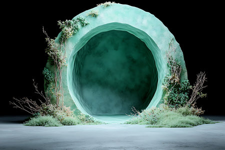This evocative image features a green portal embraced by lush foliage and mist, creating a surreal atmosphere ideal for fantasy and adventure themes.の写真素材