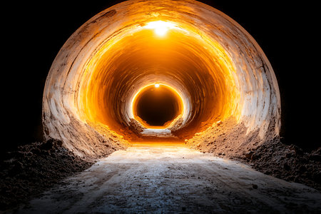 A mesmerizing view of an illuminated tunnel with a warm orange glow, creating a dramatic atmosphere. The pathway leads into the darkness, inviting exploration and wonder.の写真素材