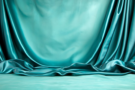 Elegant turquoise satin fabric drapery creates a luxurious backdrop perfect for photography and artistic displays, enhancing visual aesthetics and beauty.の写真素材