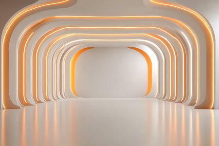 Explore a modern minimalist interior featuring stylish archways and soft orange lighting. The clean lines create an elegant atmosphere ideal for artistic projects.の写真素材