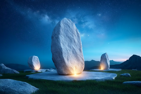 Enchanting view of towering stone monoliths glowing in the twilight, nestled in a serene mountain landscape, surrounded by a mesmerizing starry sky.の写真素材