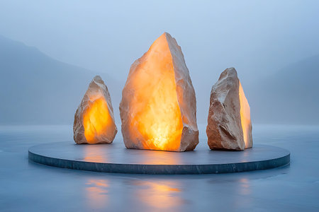 Stunning rock formations emit a soft glow amidst a tranquil misty landscape, creating an ethereal atmosphere. This captivating scene combines natural beauty with artistic elements.の写真素材