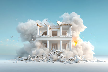 A striking visual representation of destruction shows a classical building collapsing amid clouds of dust and debris, set against a clear blue background.の写真素材