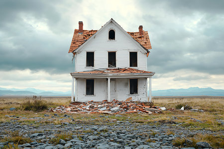 An abandoned white house stands in a desolate landscape, featuring a damaged roof and scattered debris. Overcast skies add to the somber atmosphere of this forgotten structure.の写真素材