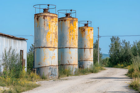 Three rusty storage tanks stand along a dusty road in a rural industrial area, showcasing weathered metal textures against a clear blue sky.の写真素材