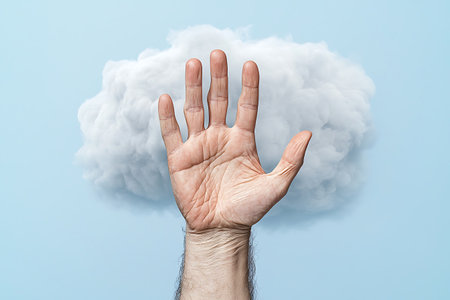 A creative image depicting a hand reaching towards a soft white cloud against a gentle blue backdrop, symbolizing dreams and aspirations.の写真素材
