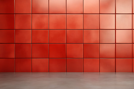 A striking and modern bright red wall featuring glossy panels, perfect for showcasing minimalist design. Ideal for backgrounds and interior inspiration.の写真素材