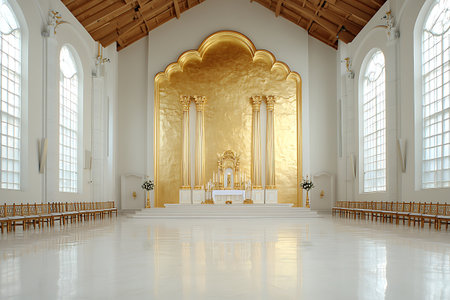This captivating image showcases a modern chapel interior featuring a stunning golden altar and spacious windows. The serene environment invites contemplation and peace.の写真素材