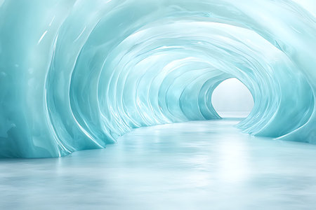 This captivating abstract image features a serene ice cave with flowing blue tones, inviting viewers into a tranquil space filled with soft lighting and smooth textures.の写真素材