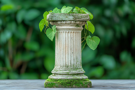 A charming ancient column planter adorned with lush green vines, set against a vibrant garden backdrop. Ideal for garden design and home decor.の写真素材