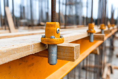 Detailed close-up of a construction bracket attached to a wooden beam, showcasing the connection and stability in building frameworks.の写真素材