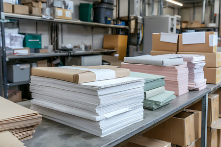 A well-arranged assortment of paper products in an organized warehouse setting, showcasing various colors and neat stacking, ideal for office supply imagery.の写真素材