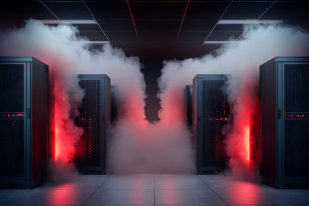 This image showcases a dramatic data center environment with powerful servers shrouded in fog and...
