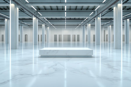 A spacious and modern exhibition hall featuring a sleek marble floor and minimalist design elements. The bright interior creates an inviting atmosphere for displays.の写真素材