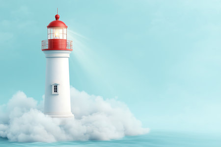 A striking lighthouse stands tall on the calm water, surrounded by soft clouds and a clear blue sky, symbolizing safety and guidance for travelers at sea.の写真素材