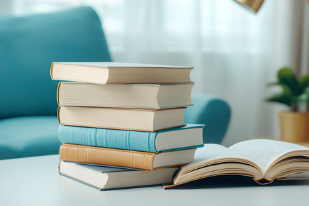 A neat stack of colorful books rests on a table beside a cozy couch, with one open book showcasing the joy of reading and learning in a serene living space.の写真素材
