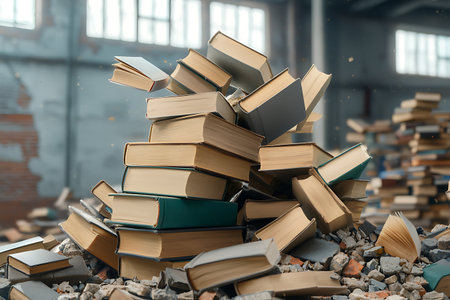 A surreal scene showcasing a chaotic pile of open books atop broken concrete, set in an abandoned warehouse, creating a visually striking representation of decay and knowledge.の写真素材