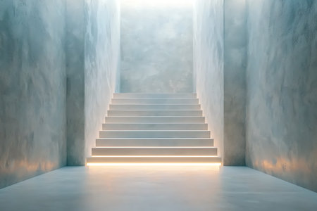 A minimalistic staircase featuring soft lighting in a modern interior setting. The clean lines and simple design create a serene atmosphere, inviting exploration.の写真素材