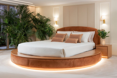 A beautifully designed modern bedroom featuring a round bed, elegant furnishings, and lush green plants, creating a serene and inviting atmosphere perfect for relaxation.の写真素材