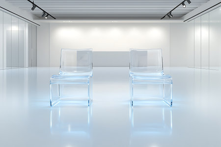 Two transparent chairs stand in a minimalist office space, highlighting modern design. The bright, clean environment showcases elegance and tranquility.の写真素材