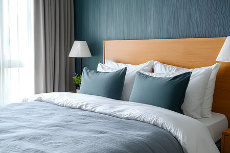 This image showcases a cozy modern bedroom featuring neutral tones and a textured blue accent wall. Ideal for interior design inspiration.の写真素材