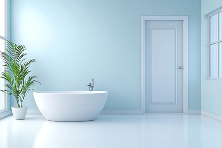 A modern bathroom showcasing a freestanding bathtub against a soft blue wall, enhanced by natural light and green plant accents, creating a tranquil and stylish space.の写真素材
