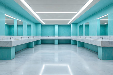 A spacious and modern bathroom featuring turquoise walls, sleek marble sinks, and stylish mirrors, perfect for contemporary design inspiration and hygiene.の写真素材