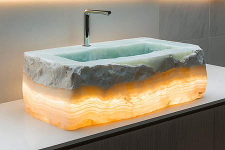 This stunning onyx sink features a unique stone design with a soft glow that enhances modern bathroom spaces, creating an elegant ambiance.の写真素材