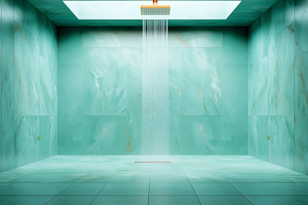 A tranquil and modern shower space featuring stunning aqua green marble walls and a bright skylight,...