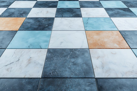 Detailed closeup of a colorful checkerboard pattern featuring marble and stone tiles in various shades. Perfect for modern interior design.の写真素材