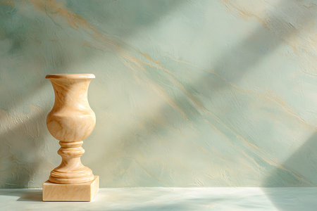 A beautifully crafted wooden vase rests on a surface, casting soft shadows against a serene textured background. Perfect for interior decoration.の写真素材
