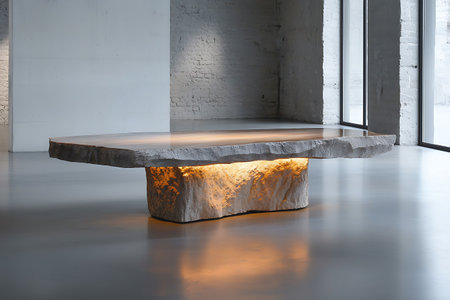 A stunning contemporary stone table featuring a unique illuminated base, perfect for modern interiors. This design showcases minimalism and elegance in lighting.の写真素材