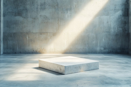 This image showcases a minimalist concrete room with soft light cascades creating a serene and tranquil atmosphere, ideal for various creative projects.の写真素材