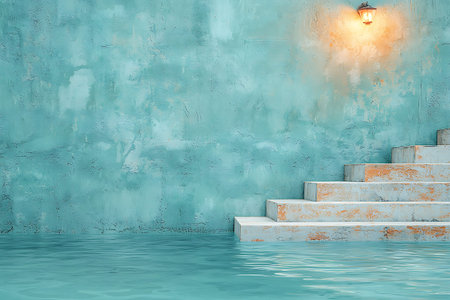 This image captures tranquil steps leading into calm water, illuminated by a warm light, creating a serene and peaceful atmosphere. Ideal for design and relaxation themes.の写真素材