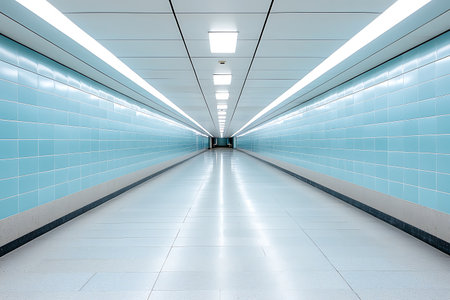 An expansive subway tunnel showcases modern design with blue tiles and bright lighting, emphasizing a clean and minimalist atmosphere ideal for urban travel.の写真素材